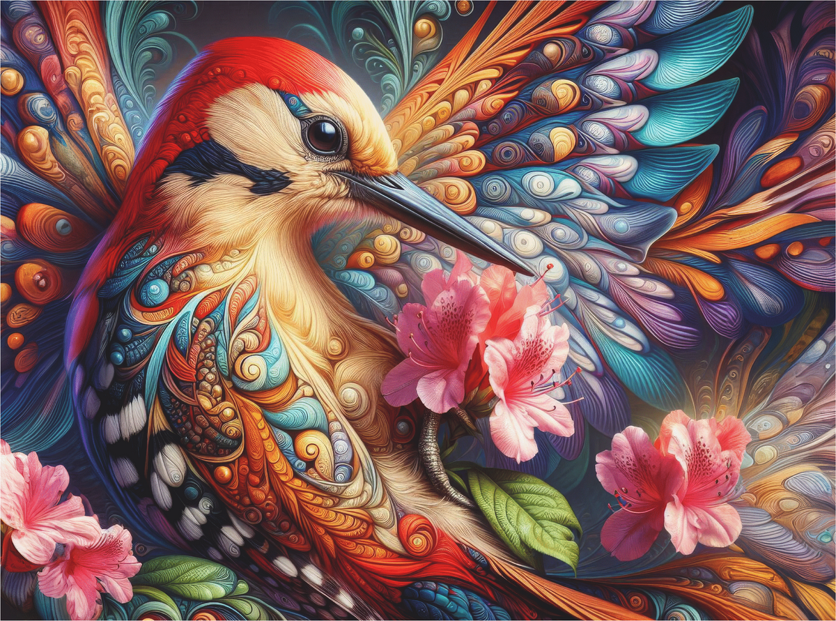 A vibrant, intricately illustrated wooden jigsaw puzzle featuring colorful birds perched among blooming branches, showcasing whimsical piece shapes and rich detail.