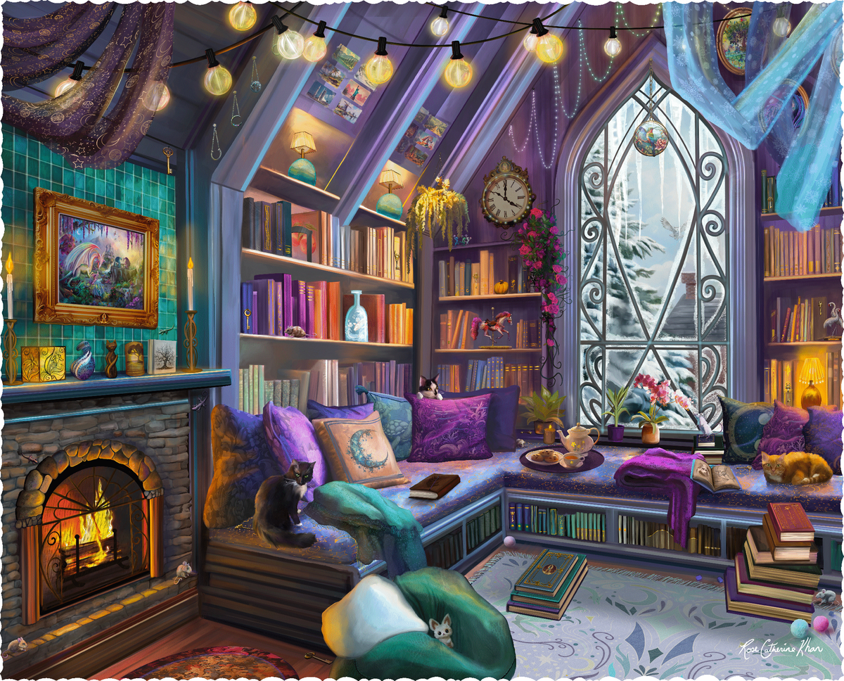 a snug corner adorned with countless books, plush cushions, and lounging cats