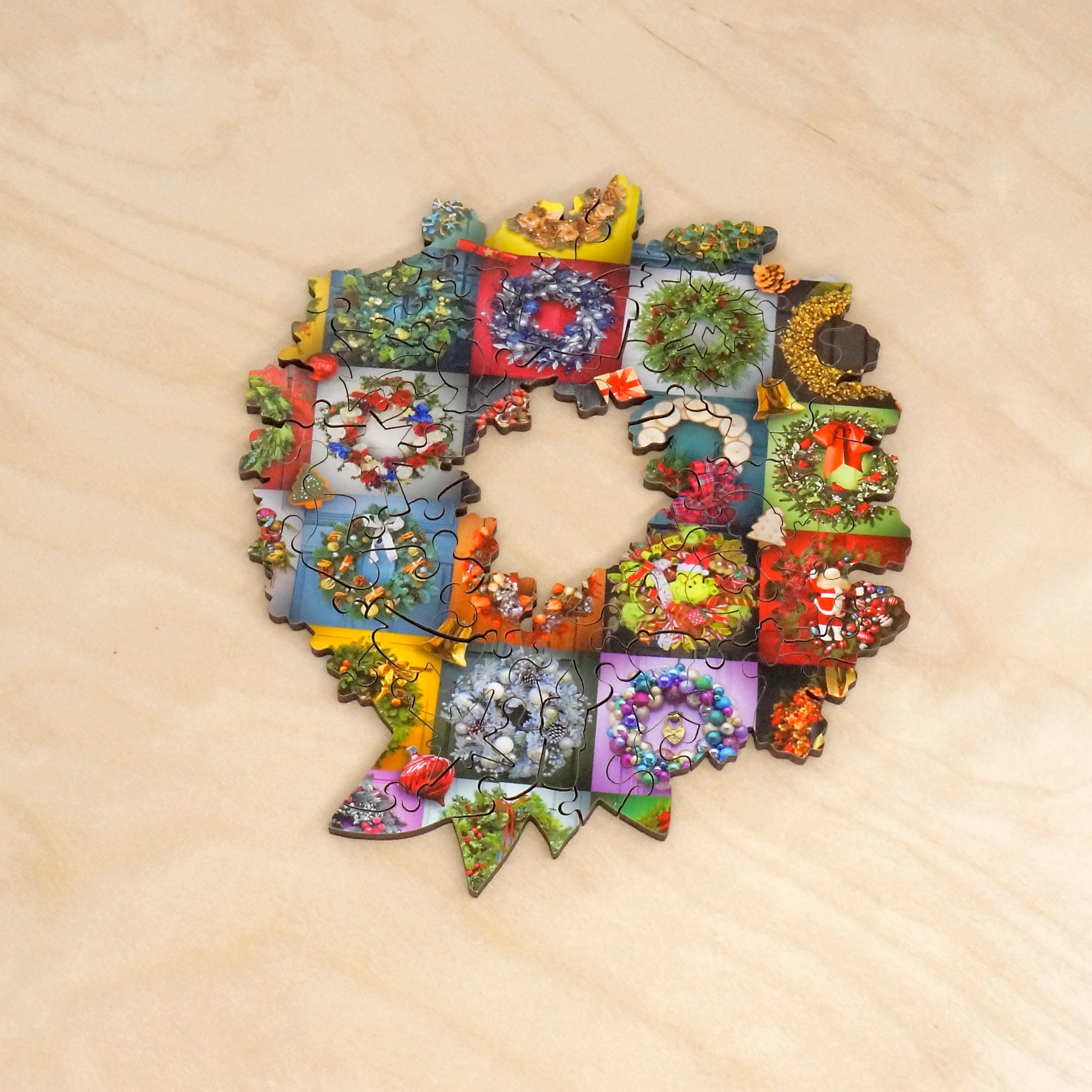 Holiday Wreath (53 Pieces) Shaped Christmas Mini Wooden Puzzle - Nautilus Puzzles - Wooden Jigsaw Puzzles For Adults