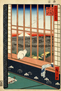 Asakusa Rice Fields (Cat in Window, Watching Mt Fuji) by Ando Hiroshige (416 Piece Jigsaw Adult Wooden Puzzle) - Nautilus Puzzles - Wooden Jigsaw Puzzles For Adults