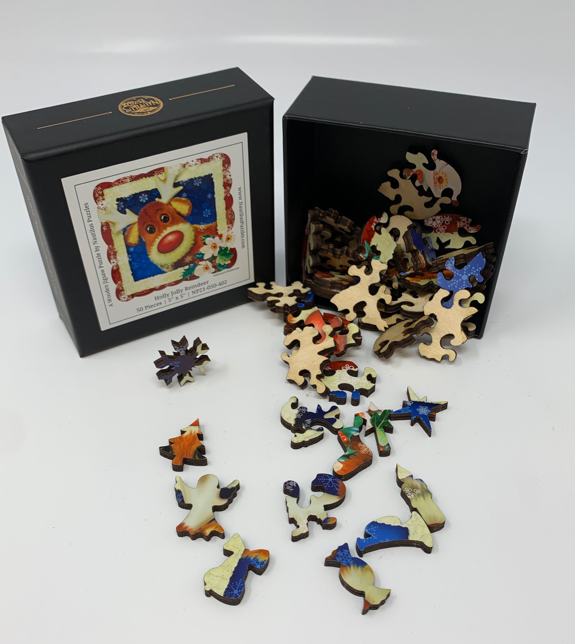 Holly Jolly Reindeer (50 Piece Mini Christmas Wooden Jigsaw Puzzle) - Nautilus Puzzles - Wooden Jigsaw Puzzles For Adults