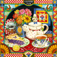 A colorful illustrated poster or print featuring a country fair scene with a white teapot, floral centerpiece, pie, tea cup, quilt, cows, sunflowers, and a decorative border. The top center reads 'COUNTRY FAIR' within a black banner.