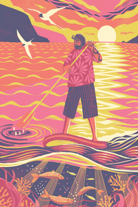 Vibrant illustrated scene of a person paddleboarding on stylized water with birds, a sun, and fish, rendered in bold pink, orange, yellow, purple, and navy tones.
