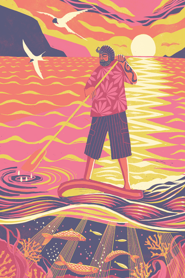 Vibrant illustrated scene of a person paddleboarding on stylized water with birds, a sun, and fish, rendered in bold pink, orange, yellow, purple, and navy tones.