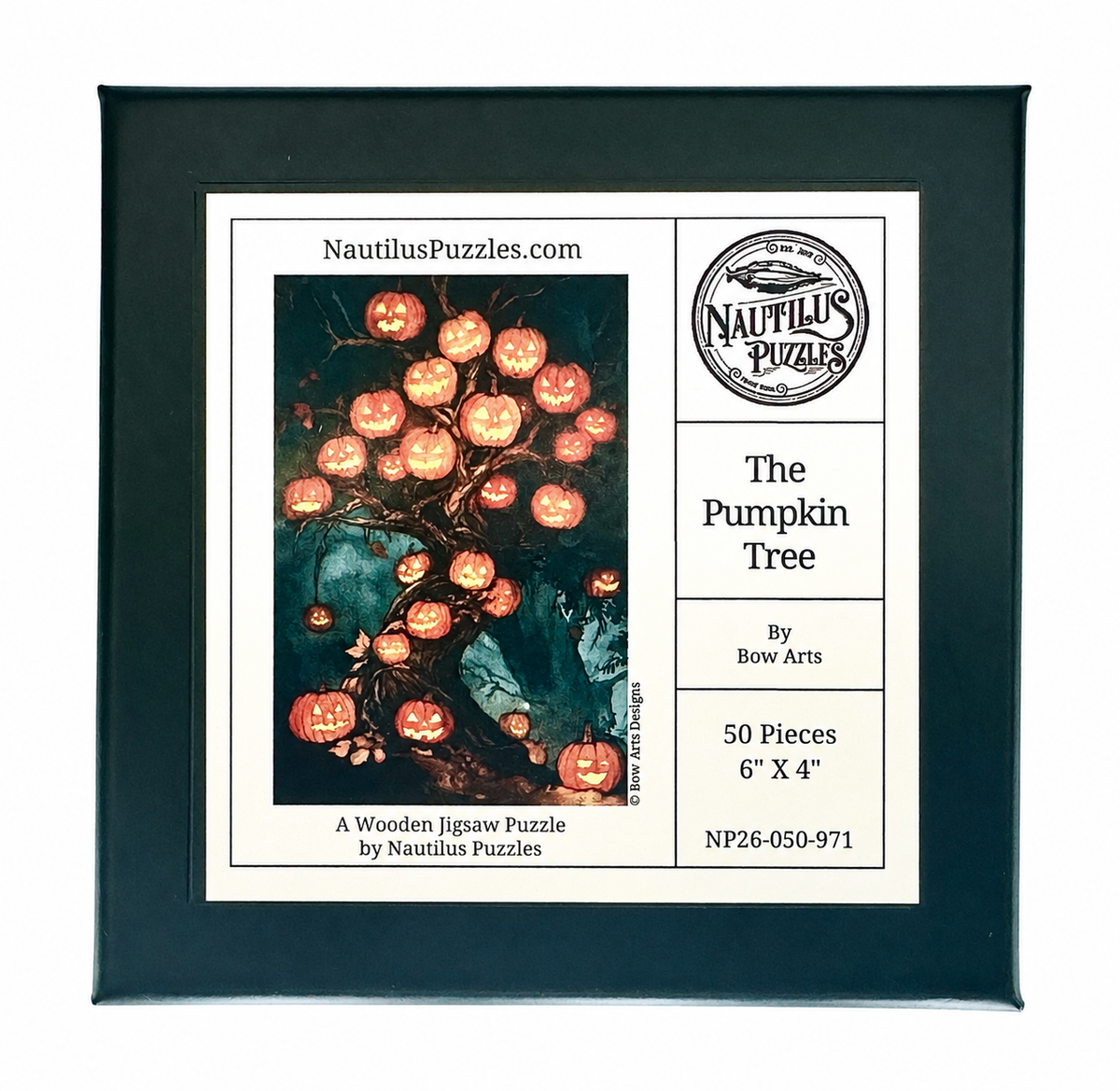 A framed wooden jigsaw puzzle package front for 'The Pumpkin Tree' by Nautilus Puzzles, featuring a black frame, white label area, and a central artwork of glowing jack-o'-lanterns on a tree.