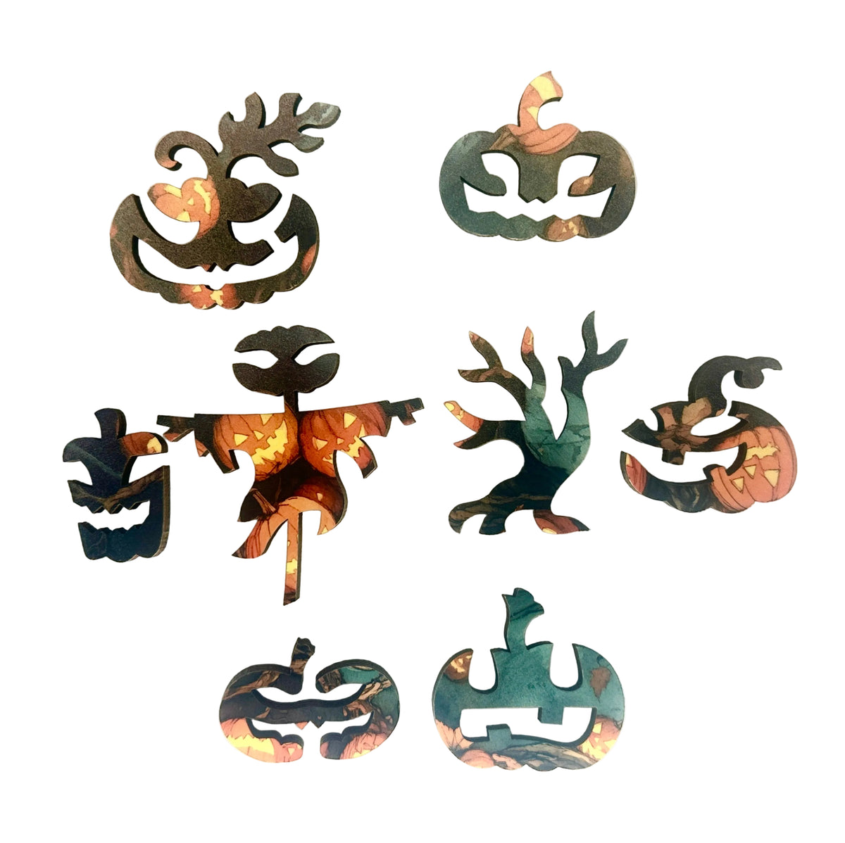 A set of nine wooden Halloween ornaments shaped like pumpkins, ghosts, a witch's hat, and a spider, featuring a distressed finish with teal, brown, and orange tones, arranged on a plain white background.