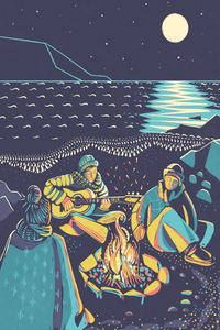 A stylized illustration of three people sitting around a campfire at night by the water, with one person playing an acoustic guitar. The scene is rendered in a graphic art style with a dark navy sky, a bright full moon, and a reflective moonlit sea.