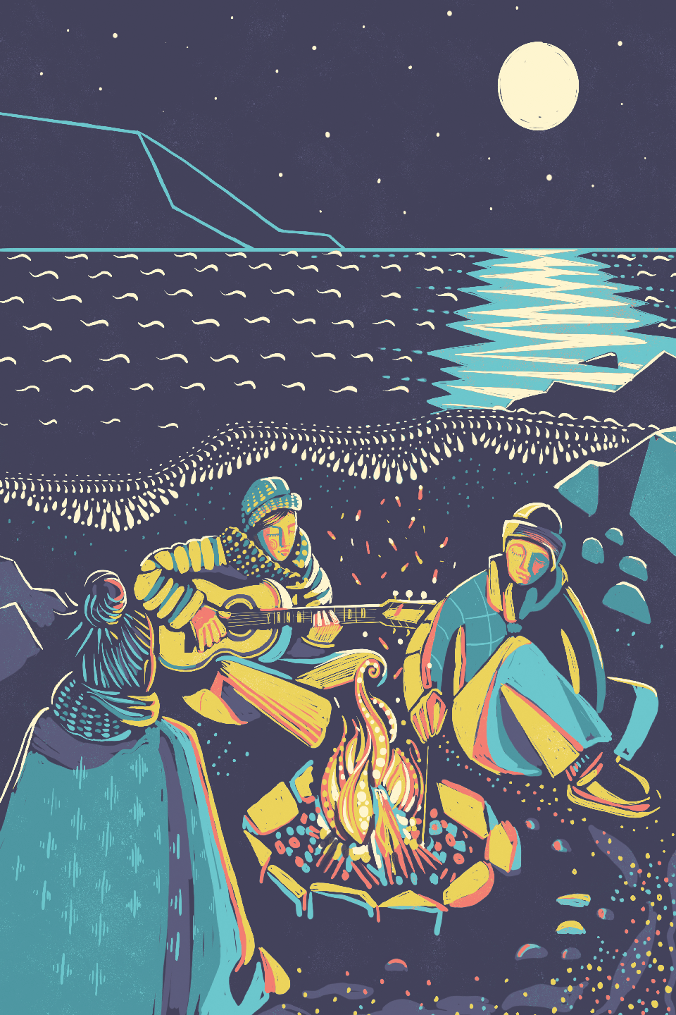 A stylized illustration of three people sitting around a campfire at night by the water, with one person playing an acoustic guitar. The scene is rendered in a graphic art style with a dark navy sky, a bright full moon, and a reflective moonlit sea.
