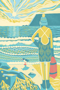 A stylized beach illustration showing a woman from behind wearing a knit hat and patterned swimsuit, standing on a sandy shore with ocean waves, rocks, and a red surfboard or paddle beside her.