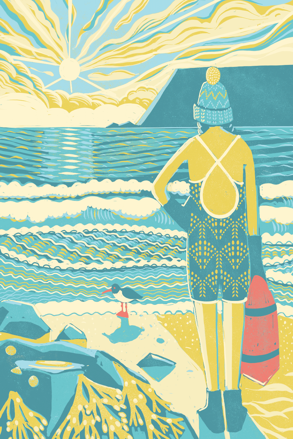 A stylized beach illustration showing a woman from behind wearing a knit hat and patterned swimsuit, standing on a sandy shore with ocean waves, rocks, and a red surfboard or paddle beside her.