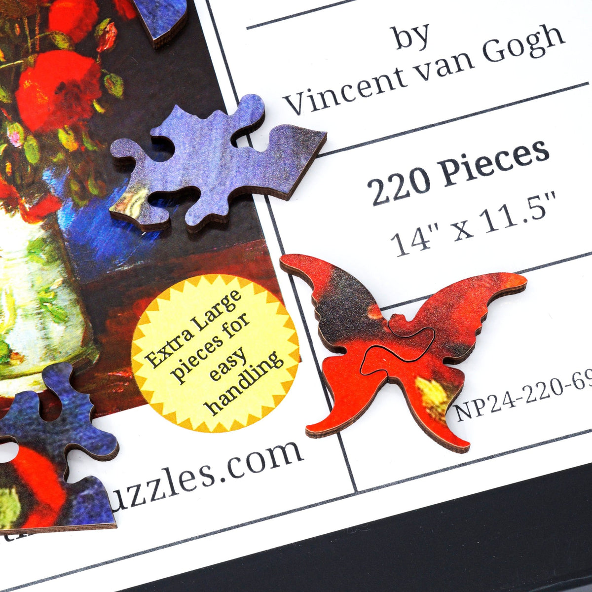 Easy Grip: Vase With Red Poppies, 1886 by Van Gogh (220 Piece Wooden Jigsaw Puzzle) - Nautilus Puzzles - Wooden Jigsaw Puzzles For Adults