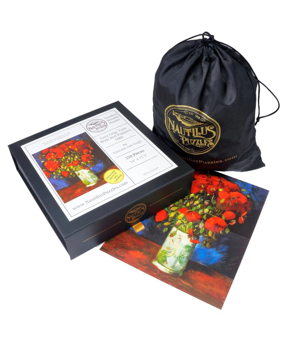 Easy Grip: Vase With Red Poppies, 1886 by Van Gogh (220 Piece Wooden Jigsaw Puzzle) - Nautilus Puzzles - Wooden Jigsaw Puzzles For Adults