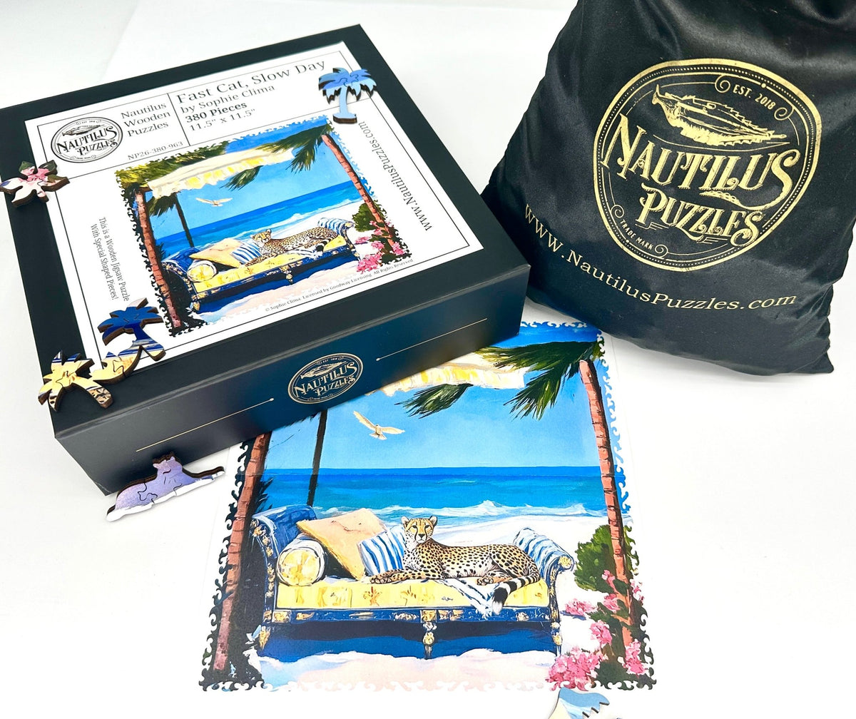 Fast Cat, Slow Day (380 Piece Wooden Jigsaw Puzzle) - Nautilus Puzzles - Wooden Jigsaw Puzzles For Adults