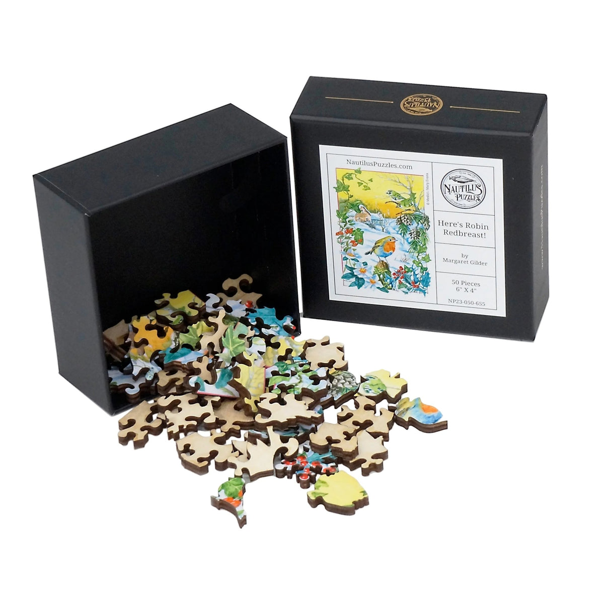 Here's Robin Redbreast! (50 Piece Mini Christmas Wooden Jigsaw Puzzle) - Nautilus Puzzles - Wooden Jigsaw Puzzles For Adults