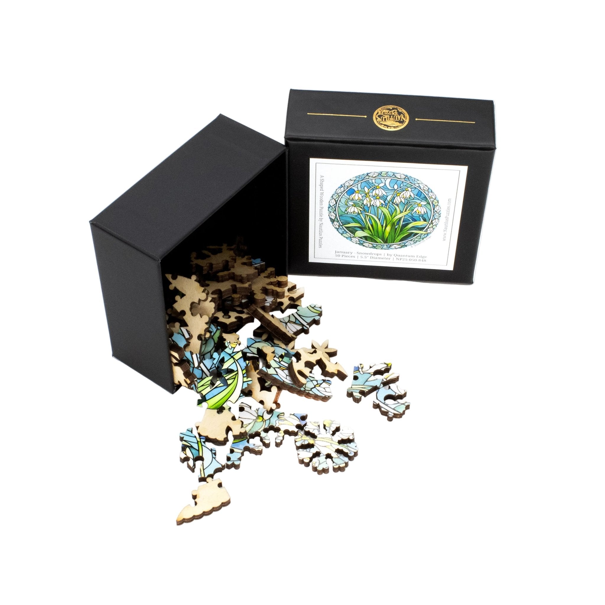 January - Snowdrops (50 Piece Round Mini Wooden Jigsaw Puzzle) - Nautilus Puzzles - Wooden Jigsaw Puzzles For Adults