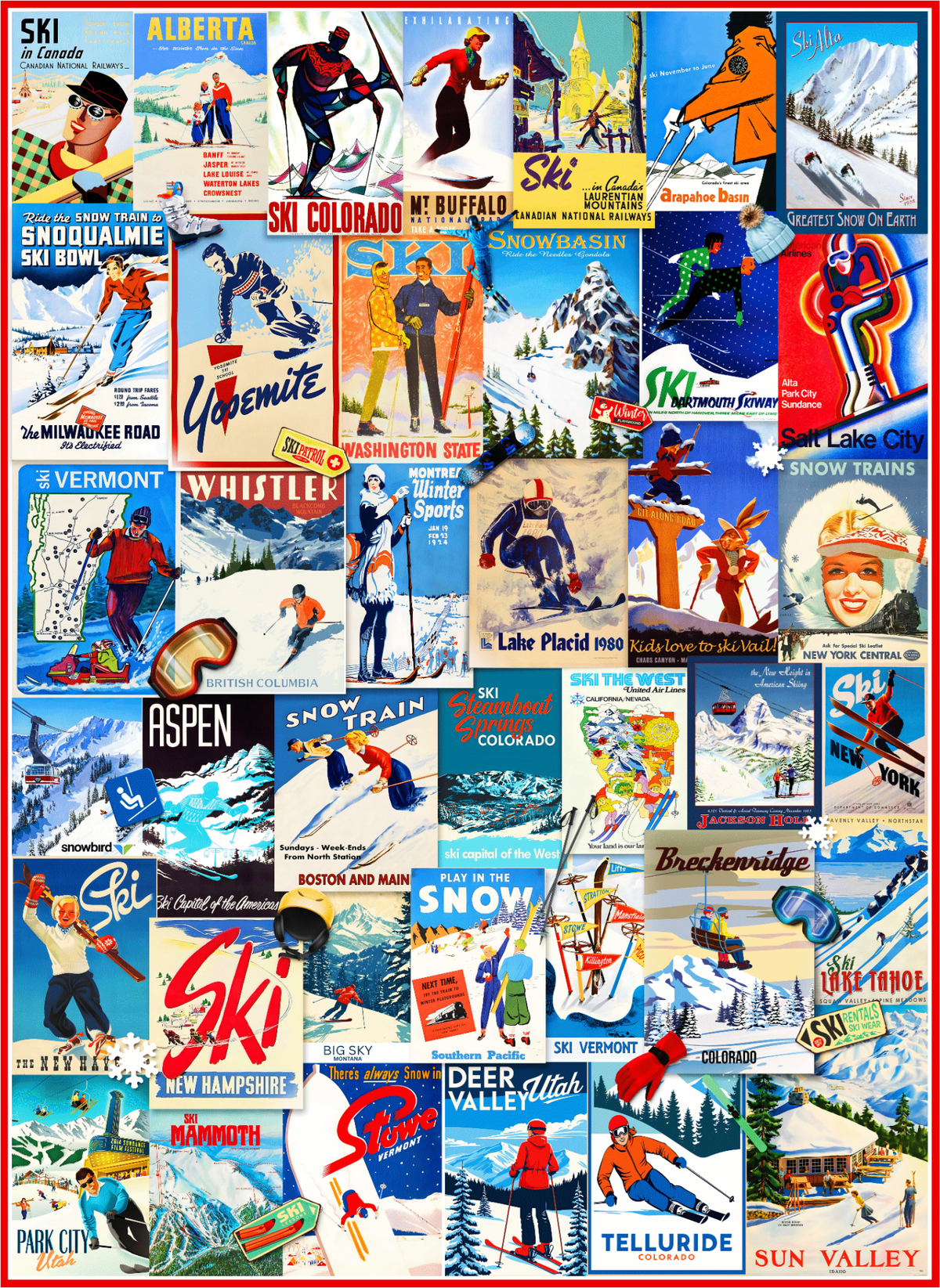 Vintage Ski Posters (505 Piece Wooden Jigsaw Puzzle) - Nautilus Puzzles - Wooden Jigsaw Puzzles For Adults