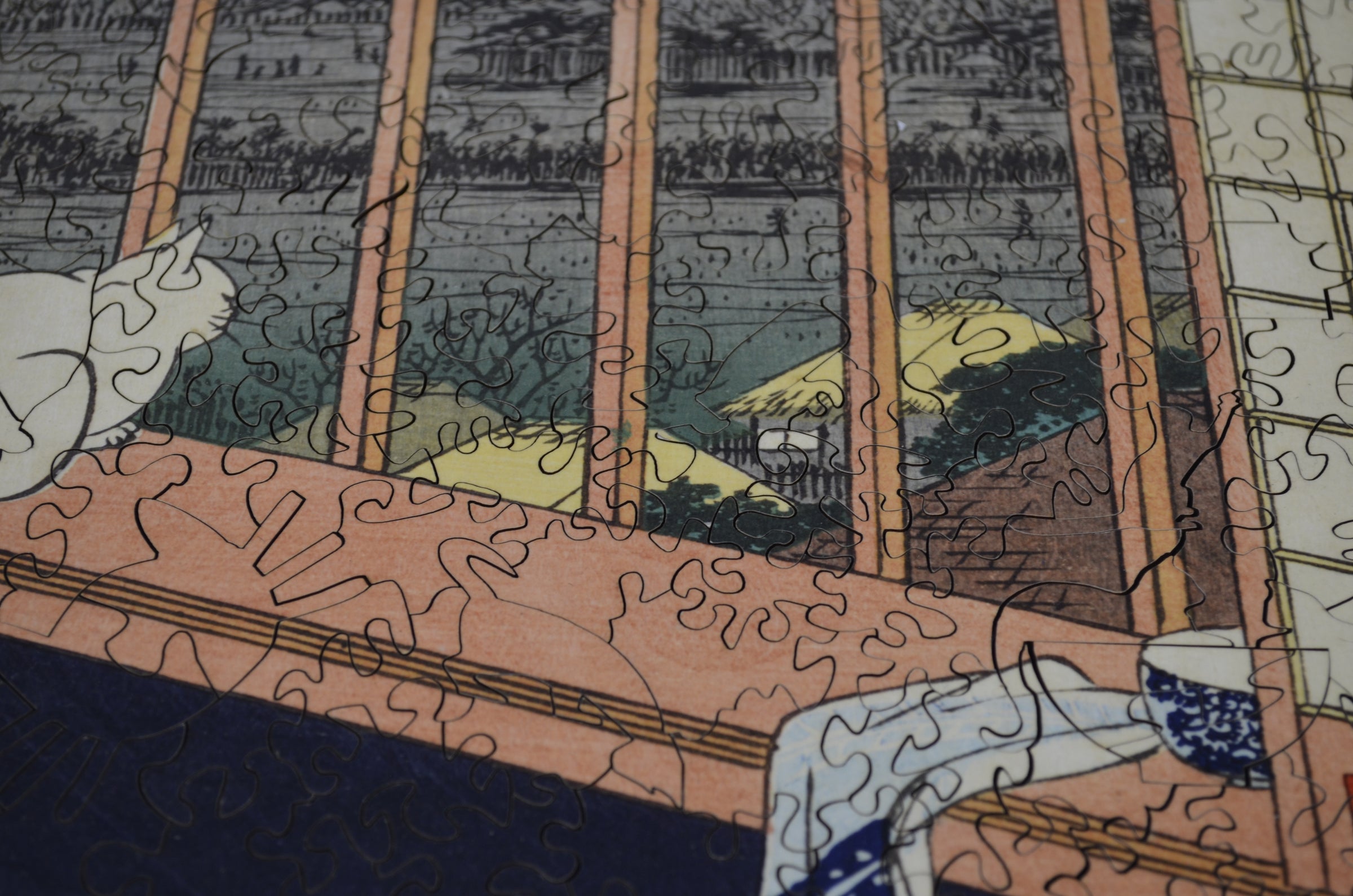 Asakusa Rice Fields (Cat in Window, Watching Mt Fuji) by Ando Hiroshige (416 Piece Wooden Jigsaw Puzzle) - Nautilus Puzzles - Wooden Jigsaw Puzzles For Adults