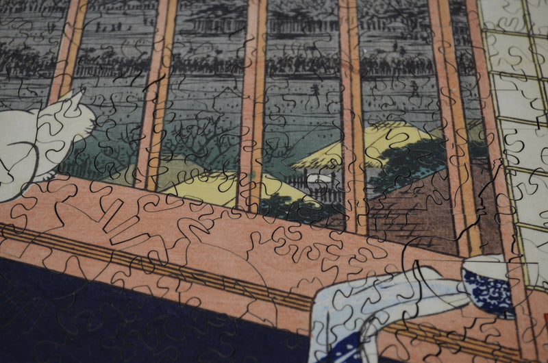 Asakusa Rice Fields (Cat in Window, Watching Mt Fuji) by Ando Hiroshige (416 Piece Wooden Jigsaw Puzzle) - Nautilus Puzzles - Wooden Jigsaw Puzzles For Adults