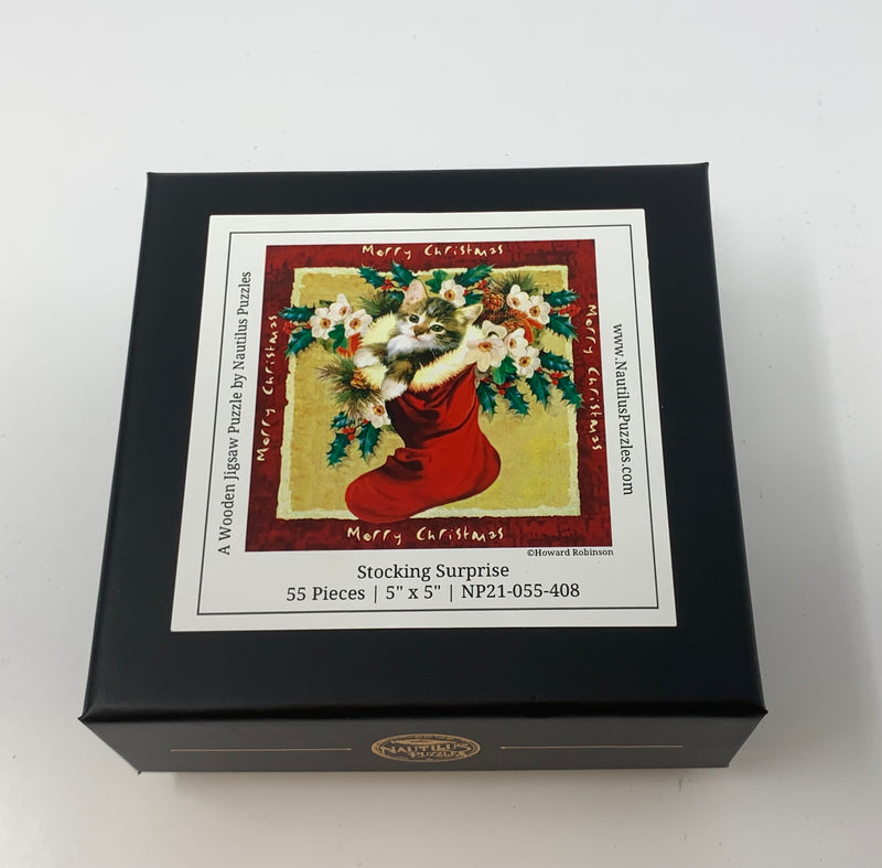 Stocking Surprise (55 Piece Mini Christmas Wooden Jigsaw Puzzle) - Nautilus Puzzles - Wooden Jigsaw Puzzles For Adults