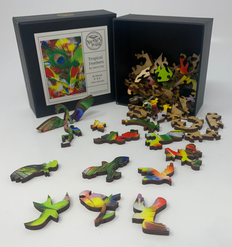Tropical Feathers - 50 Piece MINI Wooden Jigsaw Puzzle - Nautilus Puzzles - Wooden Jigsaw Puzzles For Adults