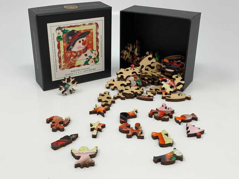 Holly Jolly Snowman (50 Piece Mini Christmas Wooden Jigsaw Puzzle) - Nautilus Puzzles - Wooden Jigsaw Puzzles For Adults