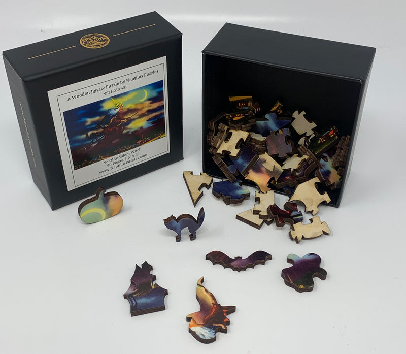 Ye Olde Salem Witch (50 Pieces) Mini Halloween Wooden Jigsaw Puzzle - Nautilus Puzzles - Wooden Jigsaw Puzzles For Adults