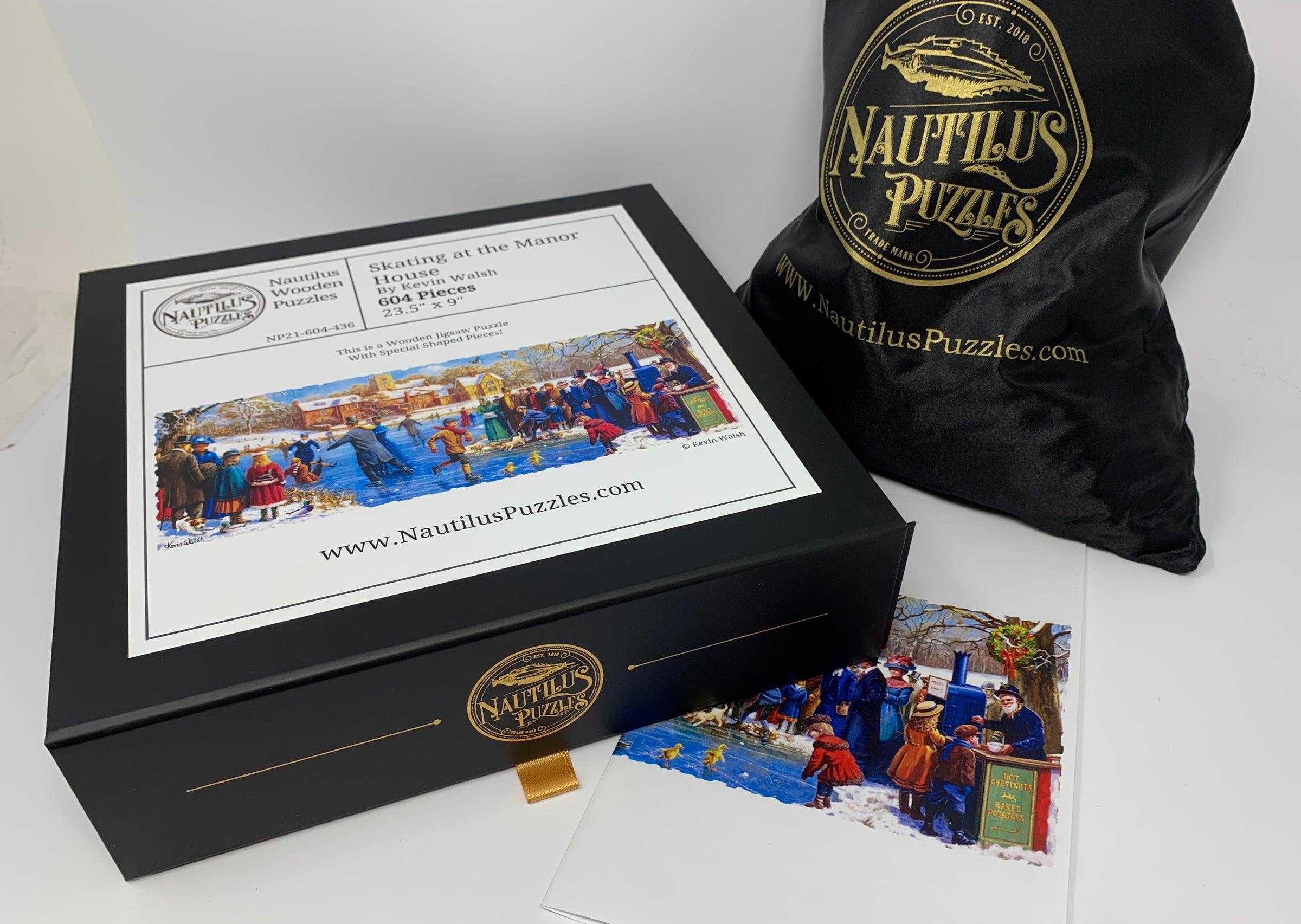 Skating at the Manor House (604 Piece Wooden Christmas Jigsaw Puzzle) - Nautilus Puzzles - Wooden Jigsaw Puzzles For Adults