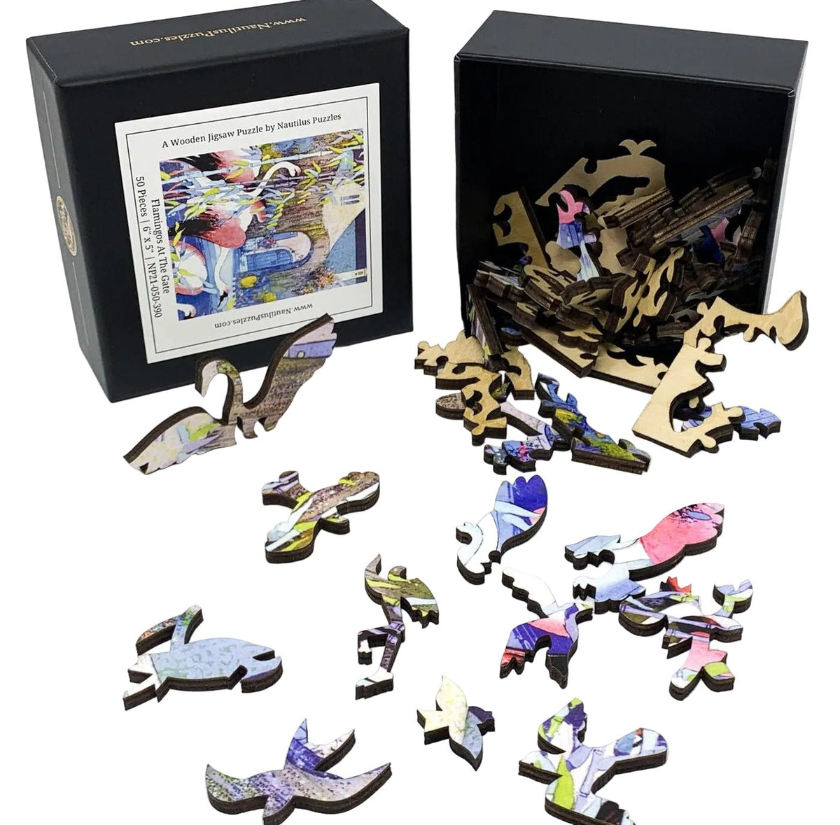 Flamingos At The Gate (50 Piece Mini Wooden Jigsaw Puzzle) - Nautilus Puzzles - Wooden Jigsaw Puzzles For Adults
