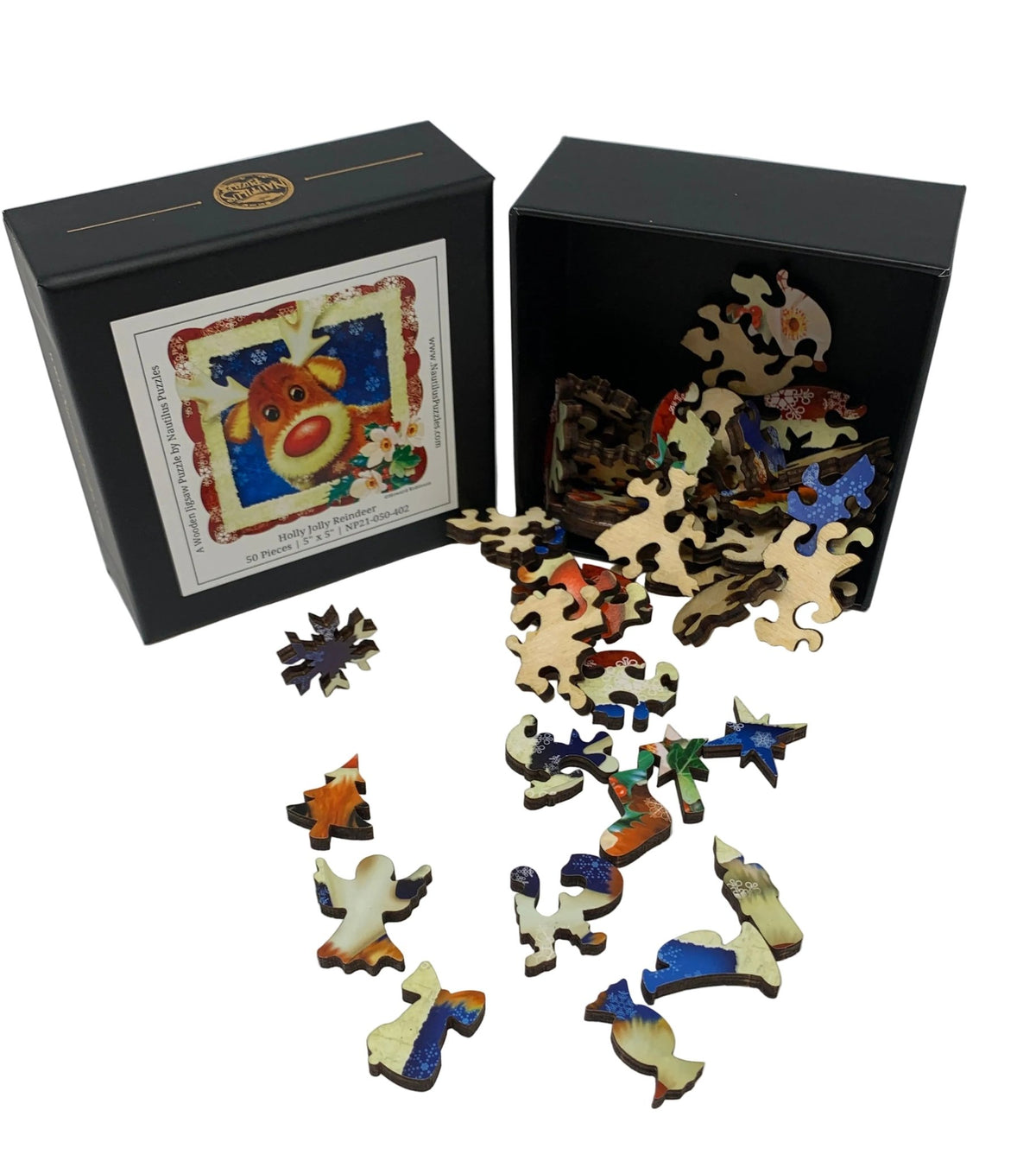 Holly Jolly Reindeer (50 Piece Mini Christmas Wooden Jigsaw Puzzle) - Nautilus Puzzles - Wooden Jigsaw Puzzles For Adults