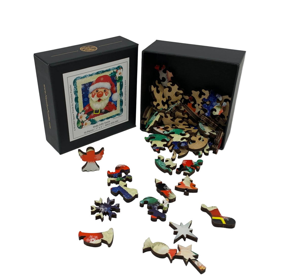 Holly Jolly Santa (50 Piece Mini Christmas Wooden Jigsaw Puzzle) - Nautilus Puzzles - Wooden Jigsaw Puzzles For Adults