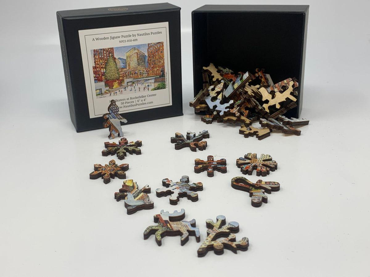 Ice Skaters at Rockefeller Center - 50 Piece Mini Wooden Jigsaw Puzzle - Nautilus Puzzles - Wooden Jigsaw Puzzles For Adults