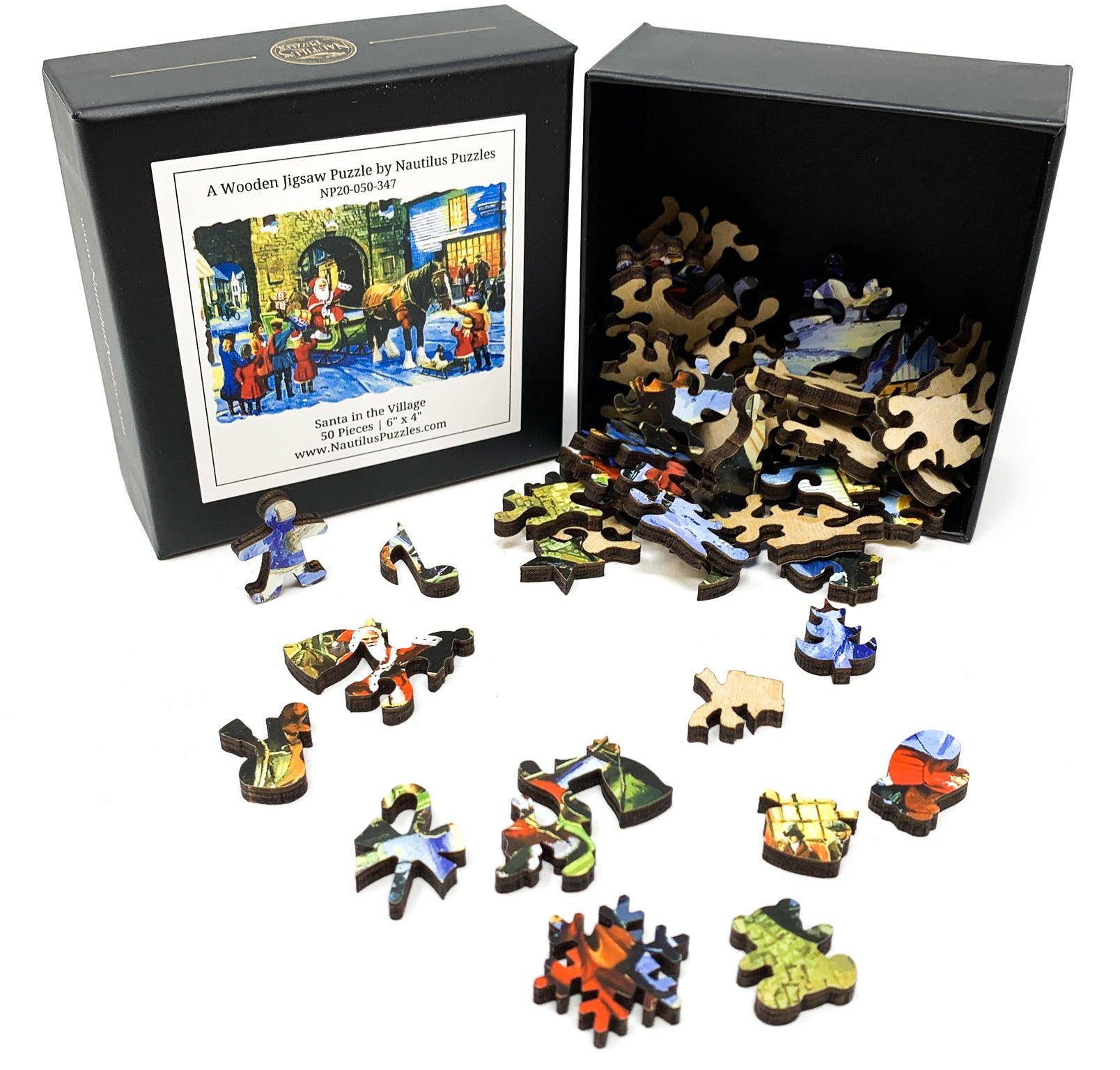 Santa In the Village (50 Piece Mini Christmas Wooden Jigsaw Puzzle) - Nautilus Puzzles - Wooden Jigsaw Puzzles For Adults