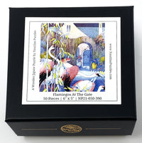 Flamingos At The Gate (50 Piece Mini Wooden Jigsaw Puzzle) - Nautilus Puzzles - Wooden Jigsaw Puzzles For Adults