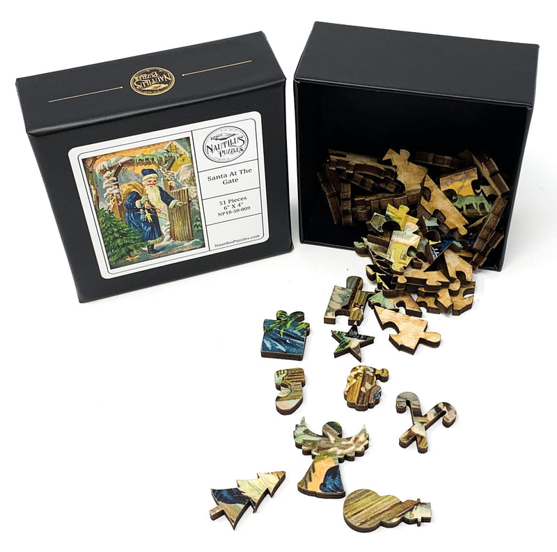 Santa At The Gate (Victorian Santa 3) (51 Pieces) Mini Christmas Wooden Jigsaw Puzzle - Nautilus Puzzles - Wooden Jigsaw Puzzles For Adults