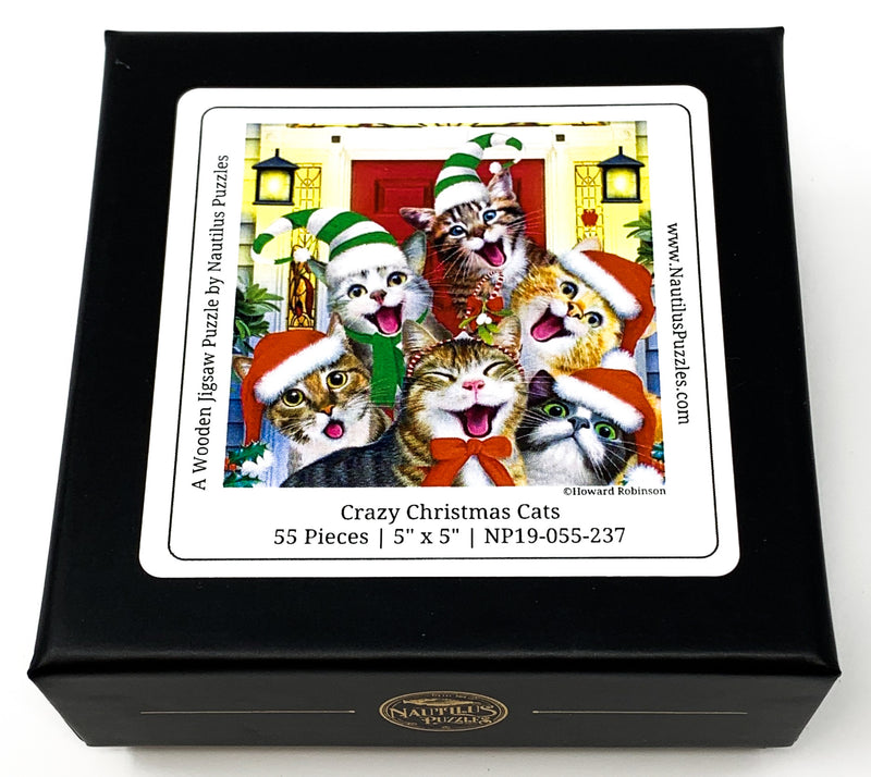 Crazy Christmas Cats (55 Piece Mini Christmas Wooden Jigsaw Puzzle) - Nautilus Puzzles - Wooden Jigsaw Puzzles For Adults