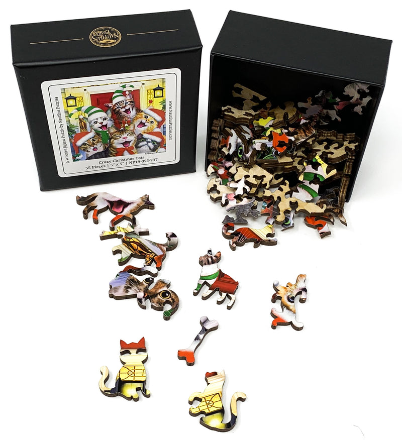 Crazy Christmas Cats (55 Piece Mini Christmas Wooden Jigsaw Puzzle) - Nautilus Puzzles - Wooden Jigsaw Puzzles For Adults