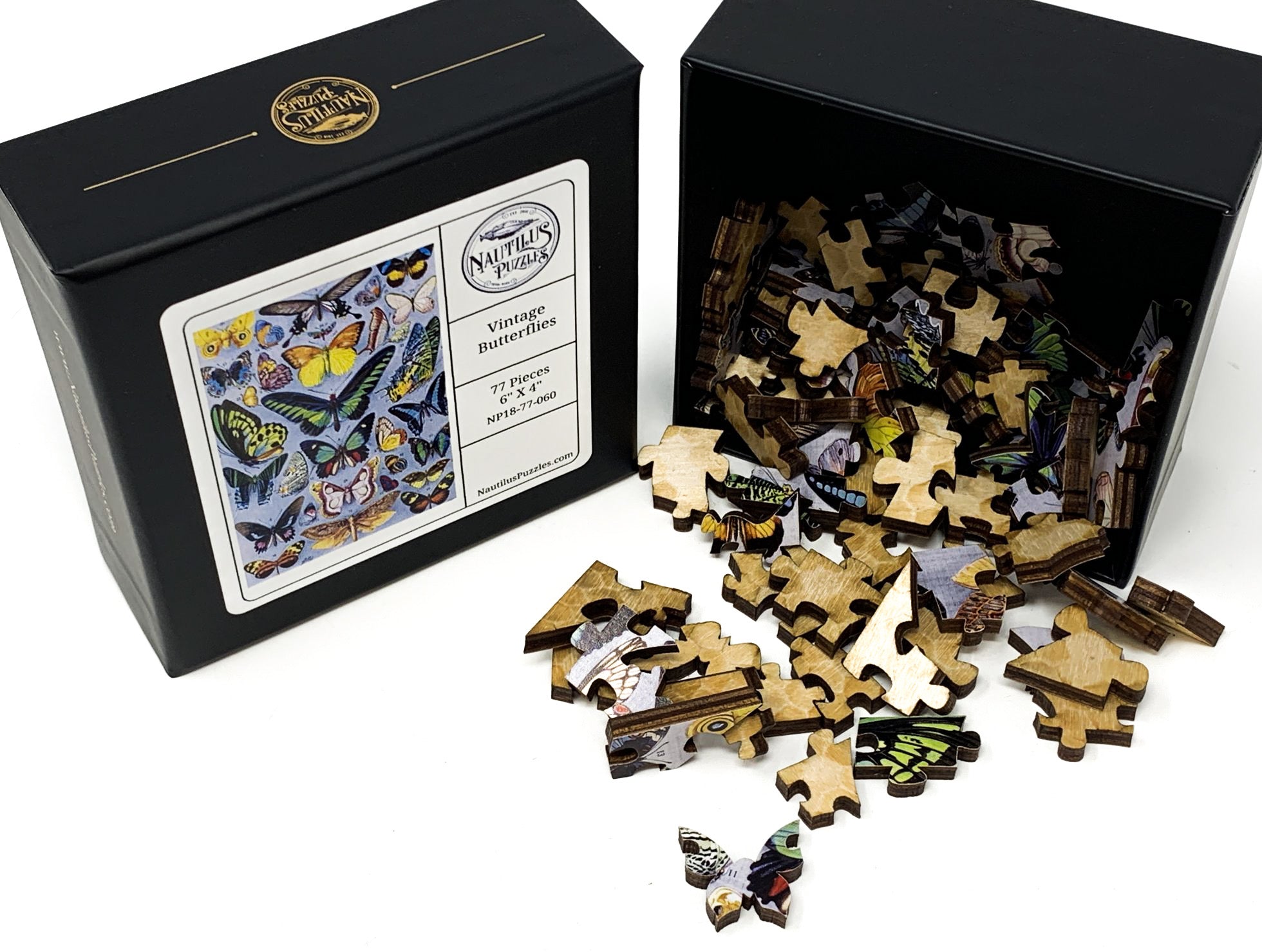 Vintage Butterflies (77 Pieces) Mini Wooden Photo Puzzle - Nautilus Puzzles - Wooden Jigsaw Puzzles For Adults