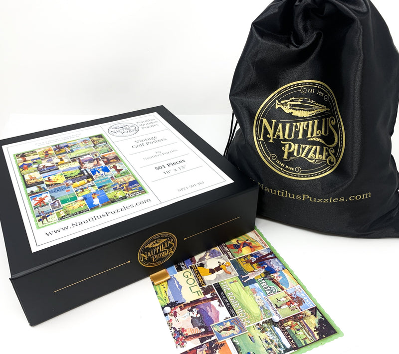 Vintage Golf Posters (501 Piece Wooden Jigsaw Puzzle) - Nautilus Puzzles - Wooden Jigsaw Puzzles For Adults