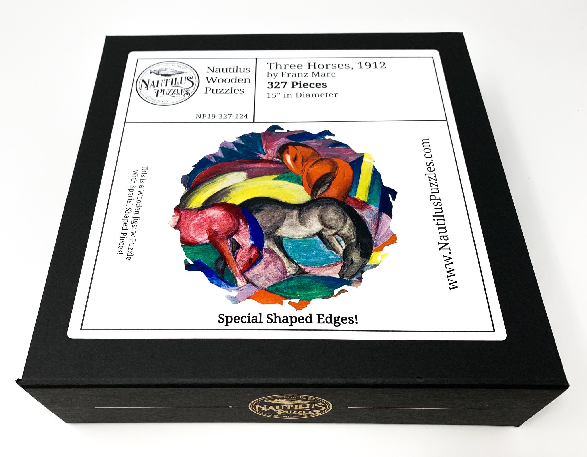Three Horses, 1912 by Franz Marc (327 Piece Shaped Wooden Jigsaw Puzzle) - Nautilus Puzzles - Wooden Jigsaw Puzzles For Adults