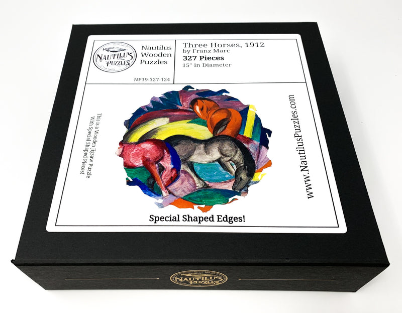 Three Horses, 1912 by Franz Marc (327 Piece Shaped Wooden Jigsaw Puzzle) - Nautilus Puzzles - Wooden Jigsaw Puzzles For Adults