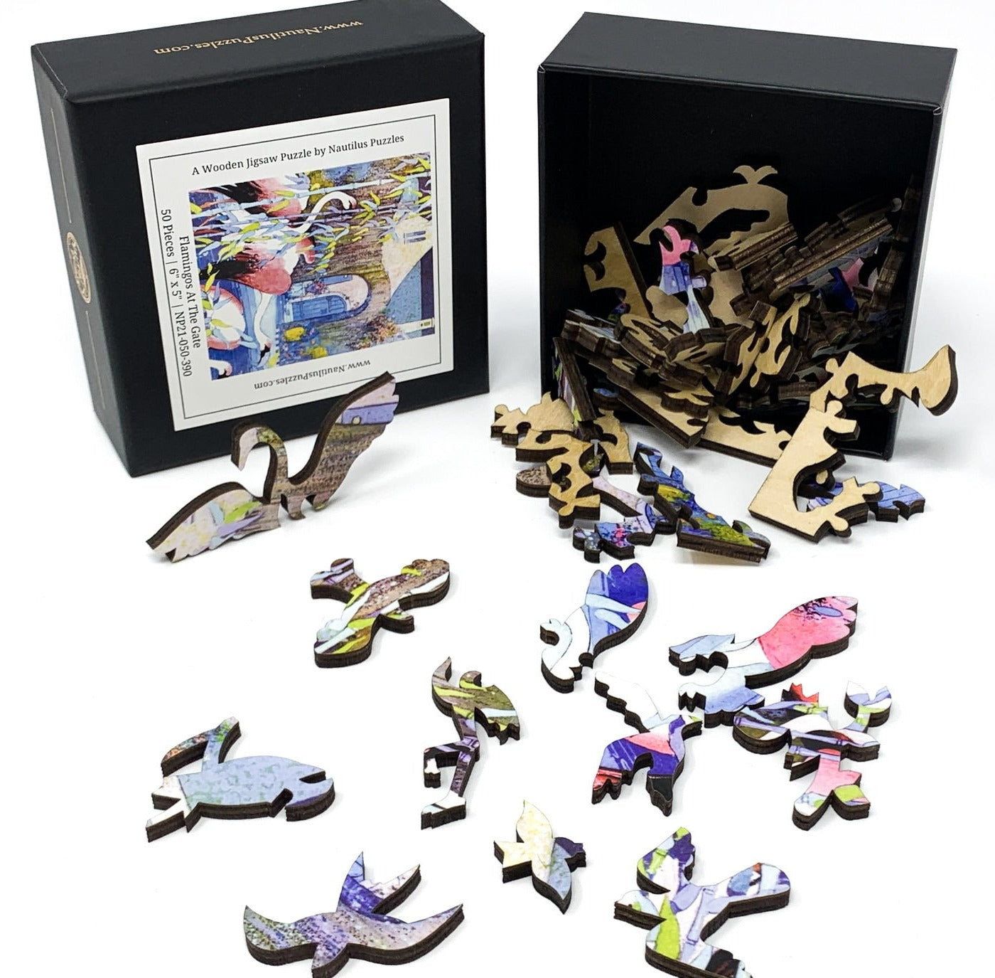 Flamingos At The Gate (50 Piece Mini Wooden Jigsaw Puzzle) - Nautilus Puzzles - Wooden Jigsaw Puzzles For Adults
