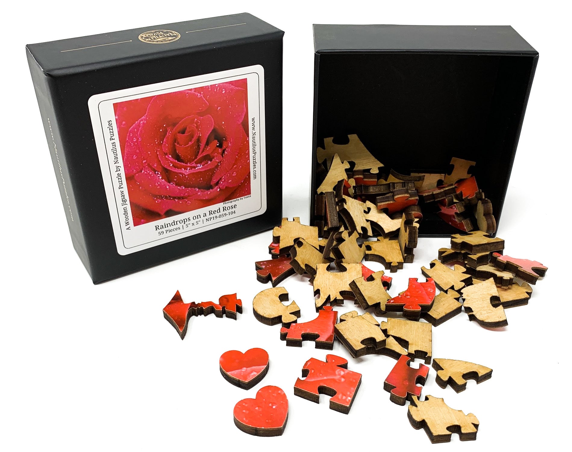 Raindrops on a Red Rose - 59 Piece Mini Valentine's Day Wooden Puzzle - Nautilus Puzzles - Wooden Jigsaw Puzzles For Adults