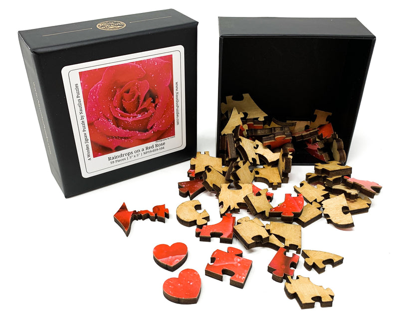 Raindrops on a Red Rose - 59 Piece Mini Valentine's Day Wooden Puzzle - Nautilus Puzzles - Wooden Jigsaw Puzzles For Adults
