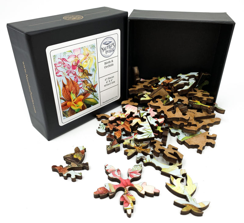 Birds & Orchids (47 Pieces) Mini Wooden Puzzle - Nautilus Puzzles - Wooden Jigsaw Puzzles For Adults