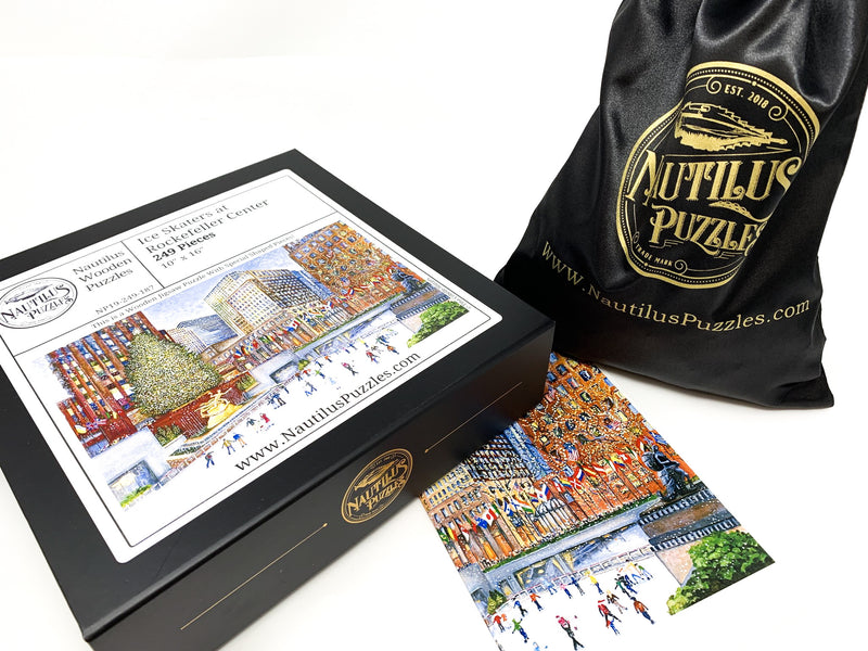 Ice Skaters at Rockefeller Center (249 Piece Wooden Christmas Puzzle) - Nautilus Puzzles - Wooden Jigsaw Puzzles For Adults