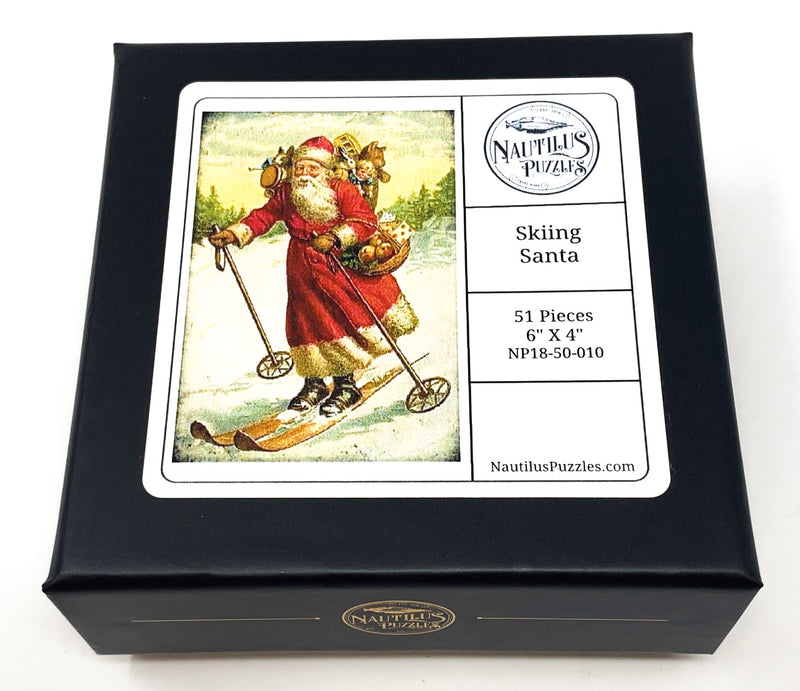 Skiing Santa (Victorian Santa 4) (50 Pieces), Mini Wooden Jigsaw Puzzle - Nautilus Puzzles - Wooden Jigsaw Puzzles For Adults