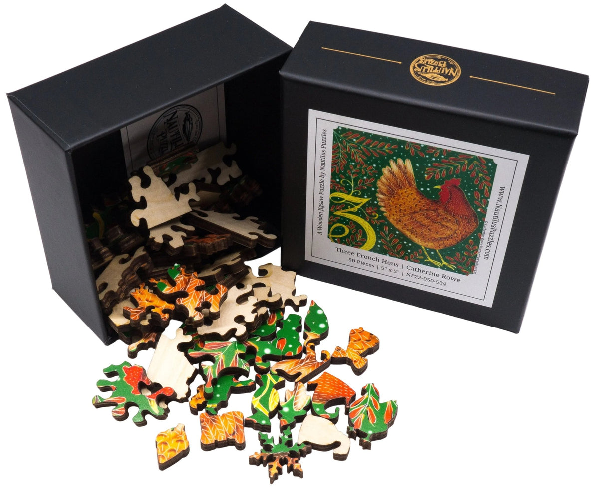 Three French Hens (50 Piece Mini Wooden Jigsaw Puzzle) - Nautilus Puzzles - Wooden Jigsaw Puzzles For Adults
