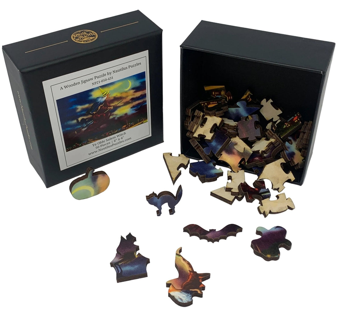 Ye Olde Salem Witch (50 Pieces) Mini Halloween Wooden Jigsaw Puzzle - Nautilus Puzzles - Wooden Jigsaw Puzzles For Adults